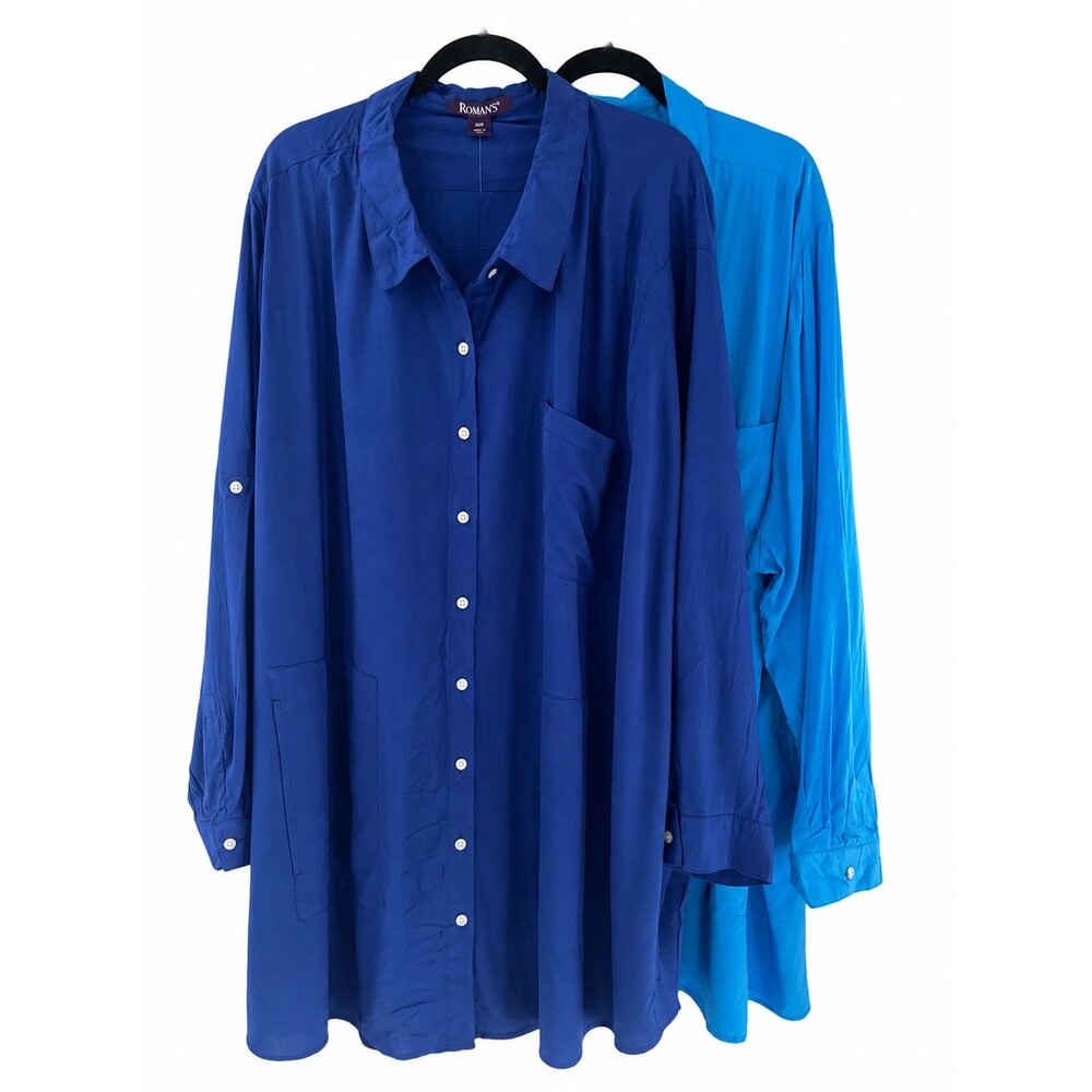 Woman's Roaman's Lot Of 2 Oversized Button Front Long Sleeve Tunic Top Size 34W